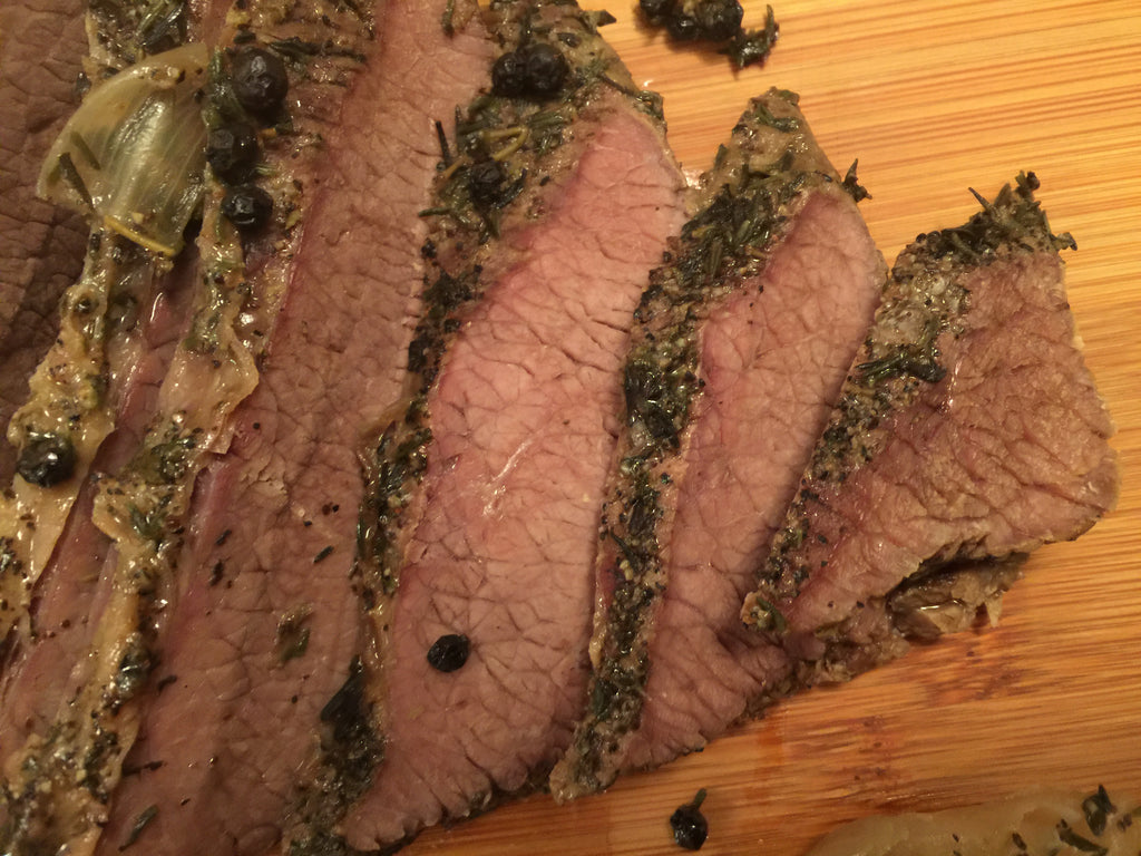 Image of cooked sliced beef brisket on a cutting board