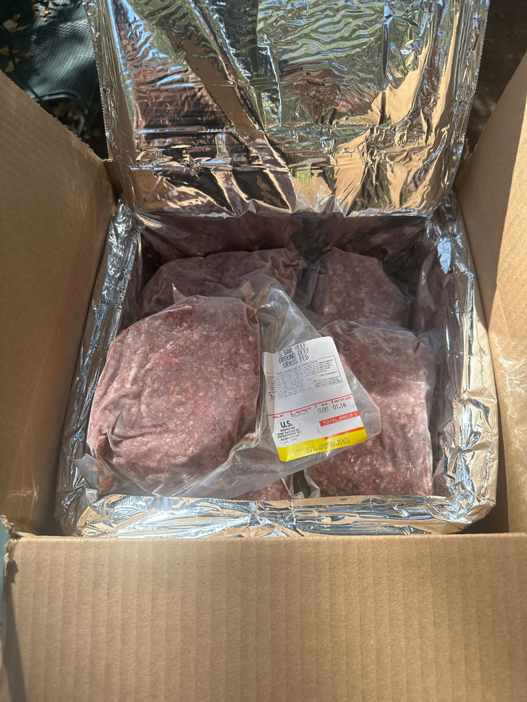 caredboard box with thermal liner with packs of frozen ground beef