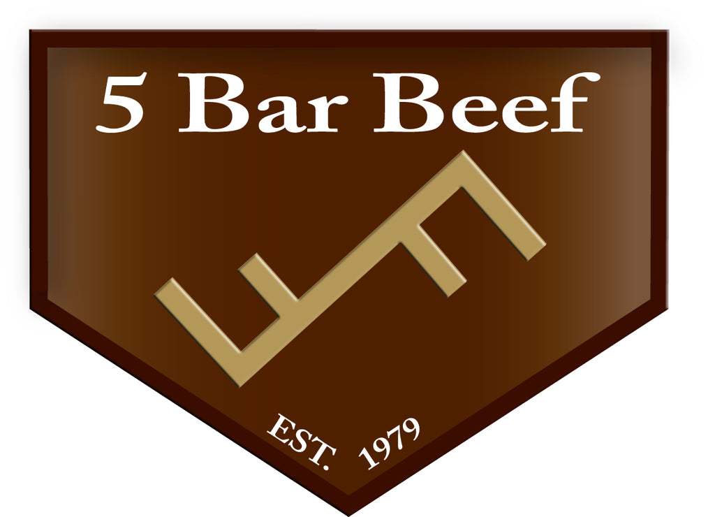 picture of logo: brown pentagon with white writing, 5 Bar Beef, a gold 5 Bar Beef brand and white writing EST. 1979symbol 